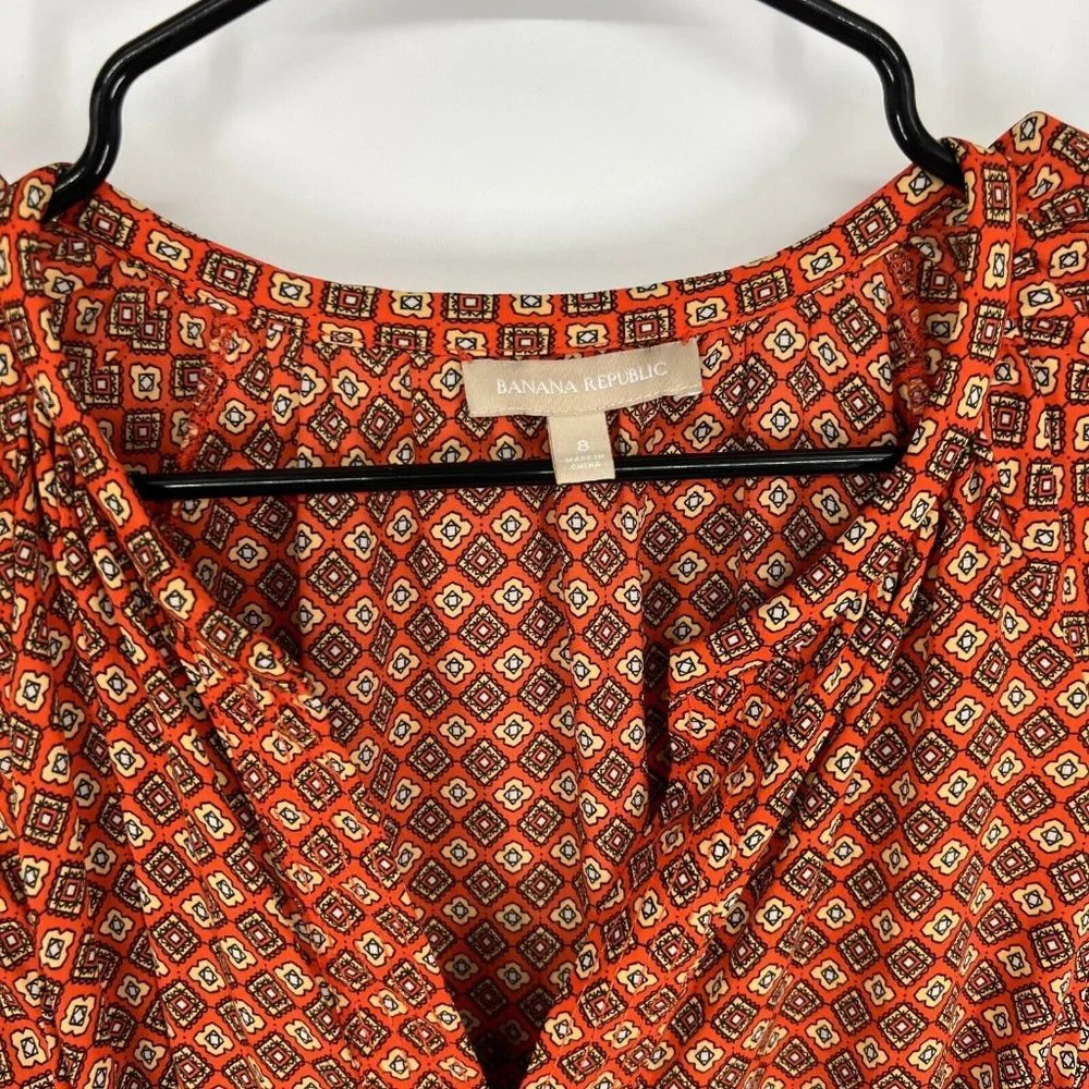 Banana Republic Dress Orange Printed V Neck Long Sleeve Tie Waist - Picture 3 of 11